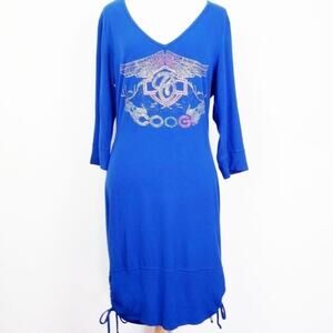 COOGI Australia Blue Logo Studded Long Sleeve Drape Open Back Dress Size Large